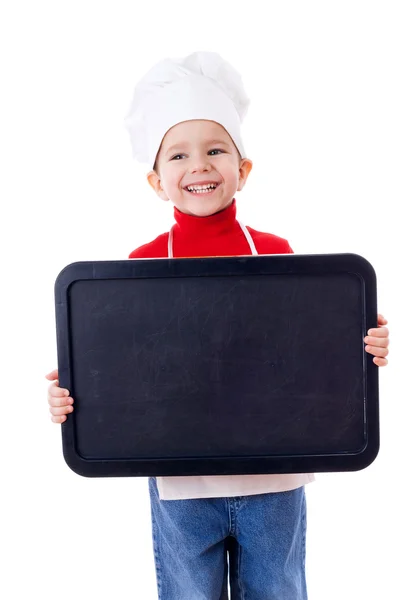 Piccolo fornello sorridente con lavagna vuota — Foto Stock