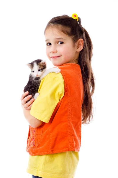 Little girl with kitty in hands — Stock Photo, Image