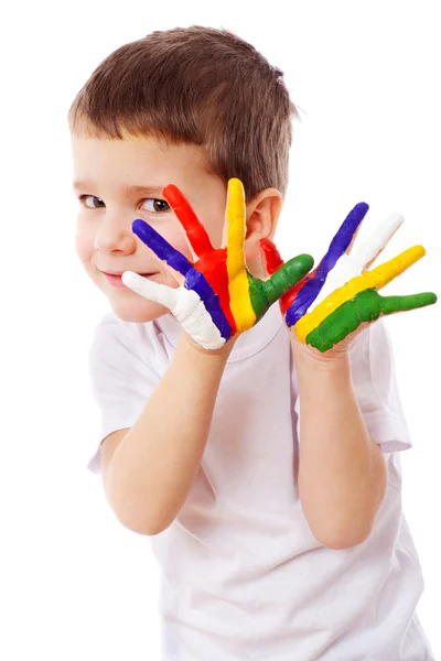 Chlapeček s malovanýma rukama — Stock fotografie