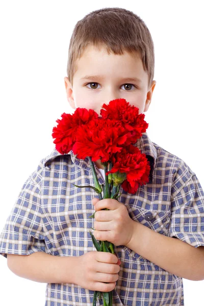 Boy with bouquet of carnations — Stock Photo, Image