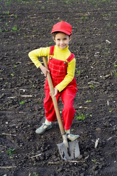 Kleines Mädchen gräbt eine große Schaufel — Stockfoto
