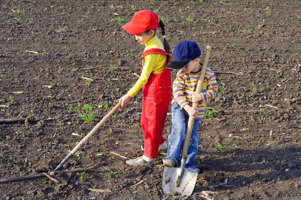 Двое детей с садовыми инструментами — стоковое фото