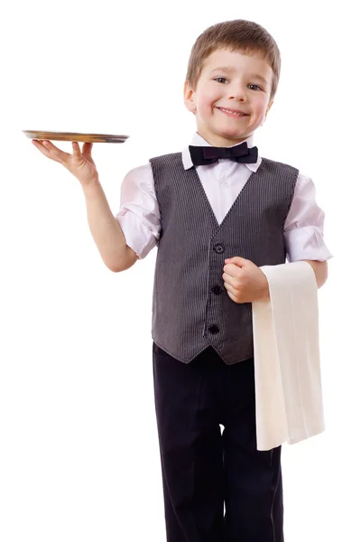 Pequeño camarero con bandeja y toalla — Foto de Stock
