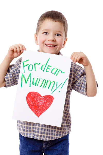 Pequeño niño sosteniendo un dibujo para mamá — Foto de Stock