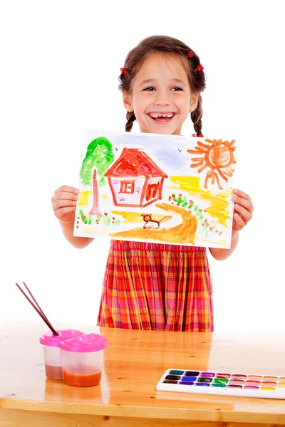Smiling little girl with watercolor painting — Stock Photo, Image