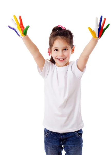Счастливая девушка с нарисованными руками — стоковое фото
