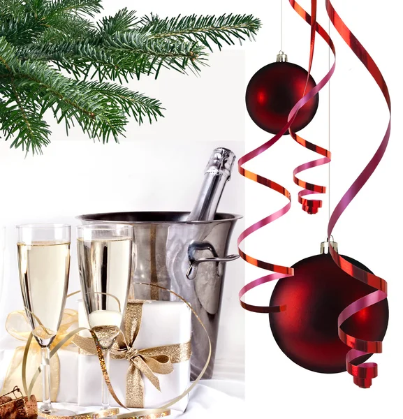 Glass of champagne and gift — Stock Photo, Image