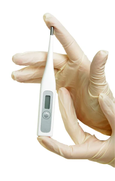 Hand with gloves and thermometer — Stock Photo, Image