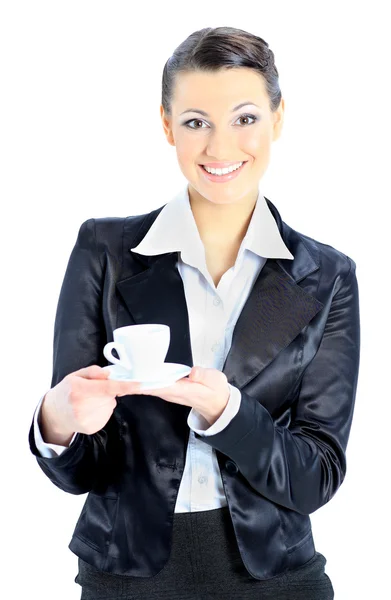 Bonita mulher de negócios com uma chávena de café. Isolado sobre um fundo branco . — Fotografia de Stock