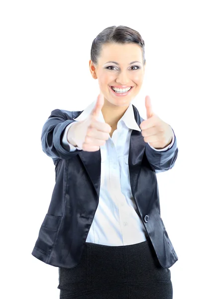 A mulher de negócios especifica os polegares para cima. Isolado sobre um fundo branco . — Fotografia de Stock