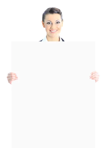 Beautiful business woman with a white banner. Isolated on a white background. — Stock Photo, Image