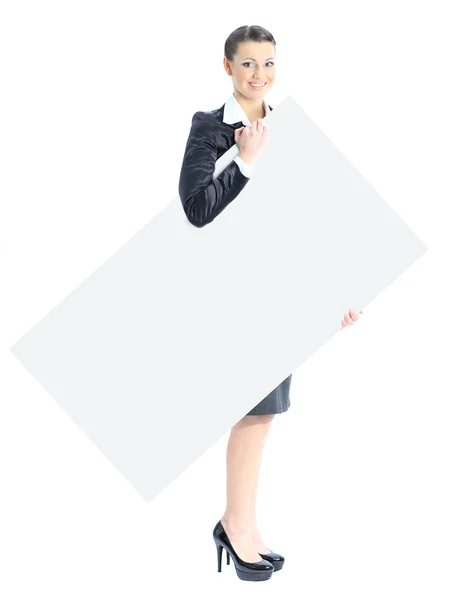 Bella donna d'affari con uno striscione bianco. Isolato su sfondo bianco . — Foto Stock