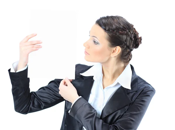 Beautiful business woman with a white banner. Isolated on a white background. — Stock Photo, Image