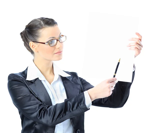 Podnikání žena v brýlích s bílým praporem. izolované na bílém pozadí. — Stock fotografie