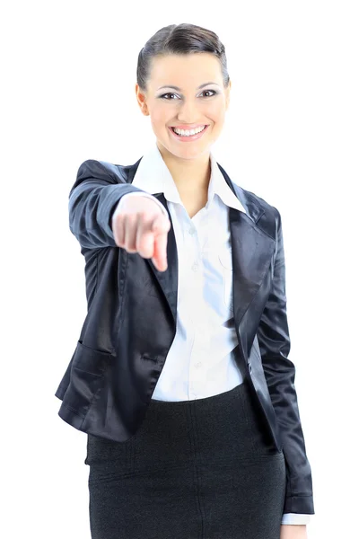 Business woman pointing finger. Isolated on a white background. Royalty Free Stock Images