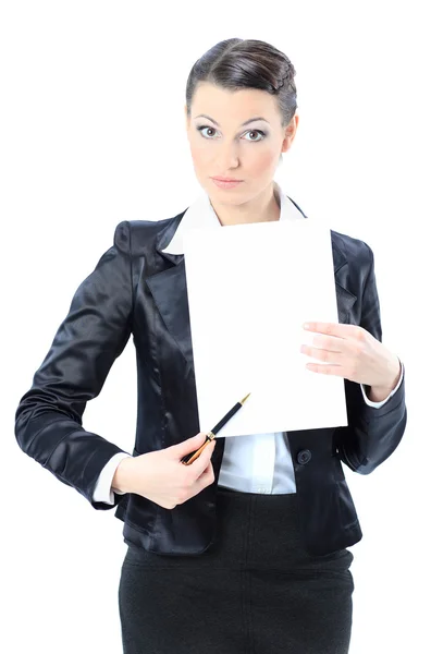 Nice business woman with a white banner. Isolated on a white background. Stock Image