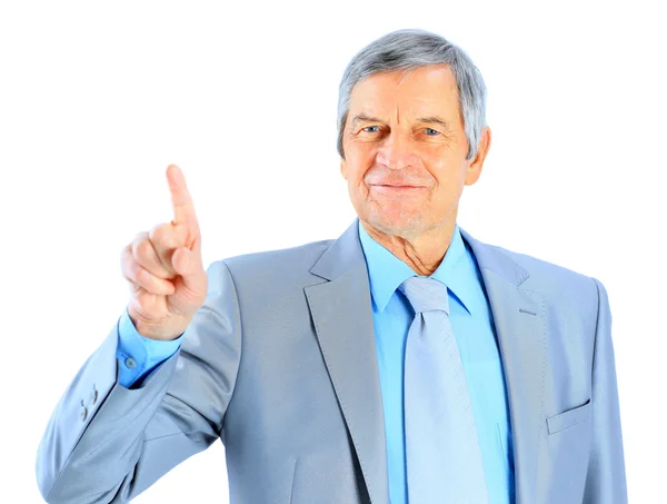 Netter Geschäftsmann in dem Alter, mit dem Finger zeigen. isoliert auf weißem Hintergrund. — Stockfoto
