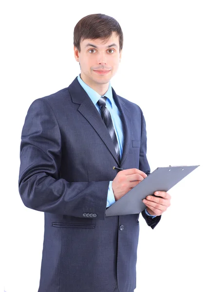 Ο νεαρός επιχειρηματίας κρατά το laptop. απομονωθεί σε λευκό φόντο. — Φωτογραφία Αρχείου