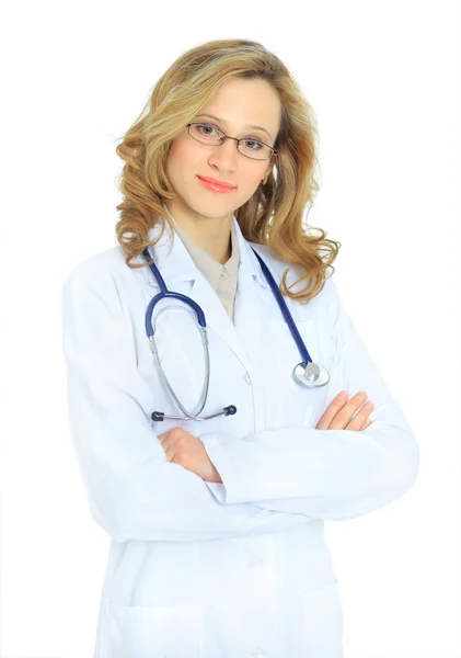 Atractiva doctora. Aislado sobre un fondo blanco — Foto de Stock