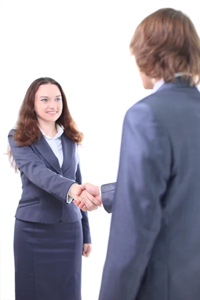 Handdruk van de twee zakenlieden, overeengekomen in het contract. geïsoleerd op een witte achtergrond. — Stockfoto