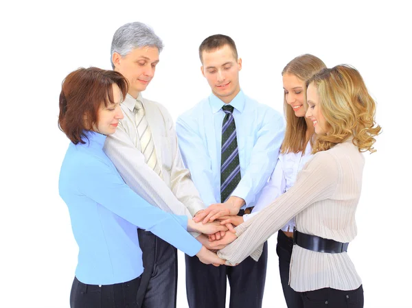 Smiling business holding hands together in a circle again Stock Photo