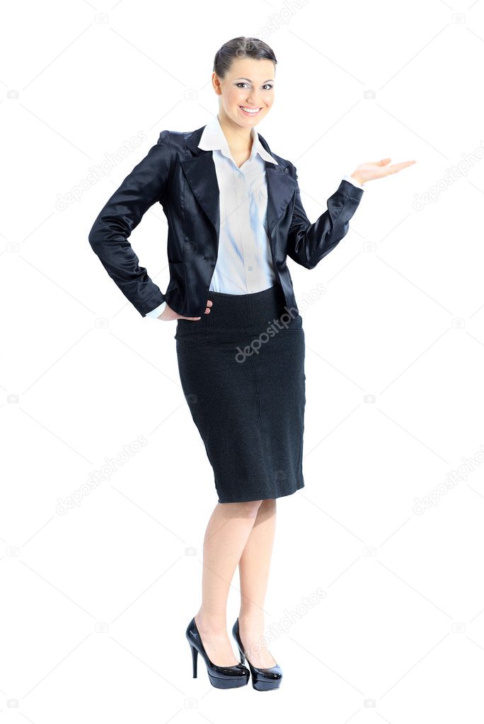 Beautiful business woman with his empty hand. Isolated on a white background.