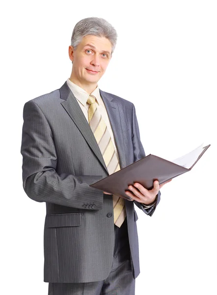 Businessman writing on clipboard isolated over white background — Stock Photo, Image