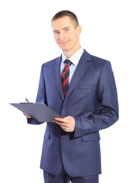 Businessman writing on clipboard isolated over white background Stock Photo