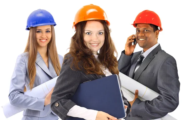 Two women and a man architect team. Isolated on a white background. — Stock Photo, Image
