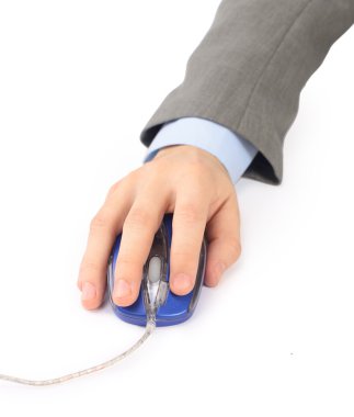 Office hand presses a button on a mouse. Isolated on white background clipart