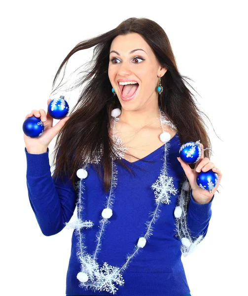 Chica sonriente con bolas de Navidad —  Fotos de Stock