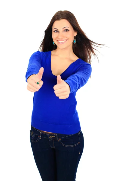A beautiful young woman on a white background, showing the thumbs up. — Stock Photo, Image