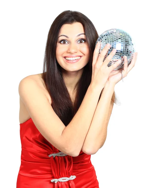 Atractiva joven hermosa mujer con bola disco — Foto de Stock