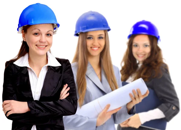 Three women architect team. Isolated on a white background. — Stock Photo, Image