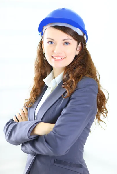 The beautiful business woman the engineer on a white background — Stock Photo, Image