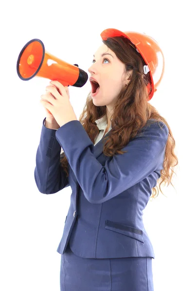 The beautiful business woman the engineer shouts in the shoutbox on a white — Stock Photo, Image
