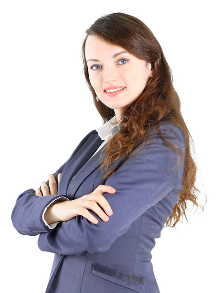 Retrato de una joven y bonita mujer de negocios sonriendo, aislada sobre un respaldo blanco — Foto de Stock