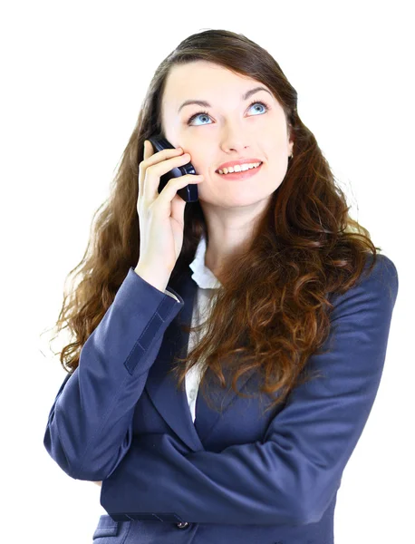 The positive business woman is in talks on the phone. — Stock Photo, Image