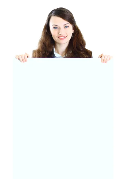 Feliz joven mujer de negocios sonriente mostrando letrero en blanco, aislado en whi — Foto de Stock
