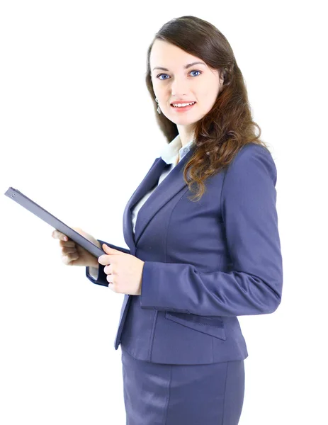 Retrato de uma jovem mulher de negócios bonito com o plano de trabalho sorrindo, em um — Fotografia de Stock