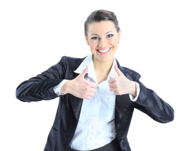 Nice business woman specifies the thumbs up. Isolated on a white background. clipart