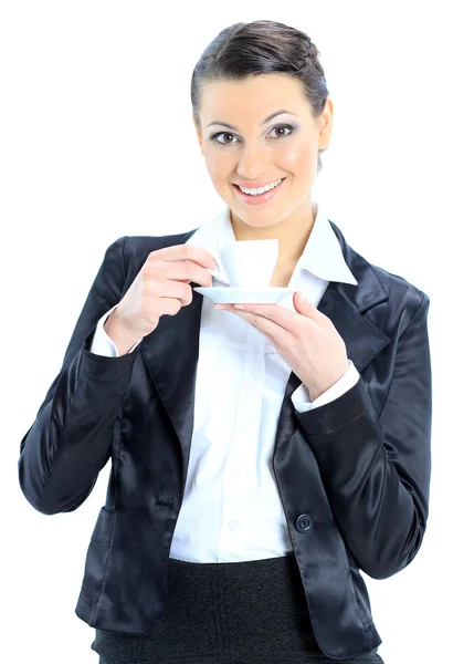 Bella donna d'affari con una tazza di caffe '. Isolato su sfondo bianco . — Foto Stock