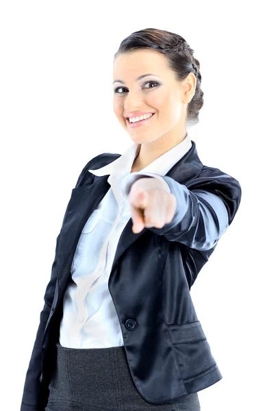 Nette Geschäftsfrau, die mit dem Finger zeigt. isoliert auf weißem Hintergrund. — Stockfoto