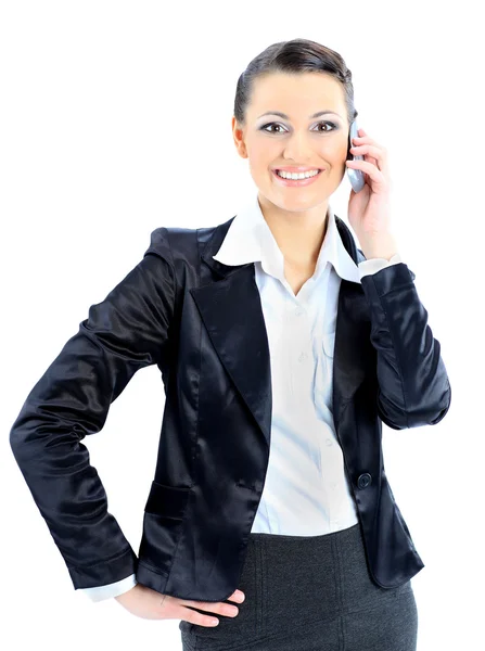 Ωραία επιχειρήσεων γυναίκα μιλάει στο τηλέφωνο. απομονωθεί σε λευκό φόντο. — Φωτογραφία Αρχείου