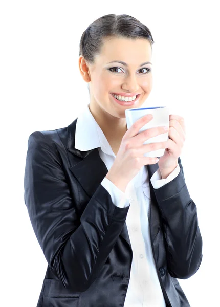 Гарна ділова жінка з чашкою кави. Ізольовані на білому тлі . — стокове фото