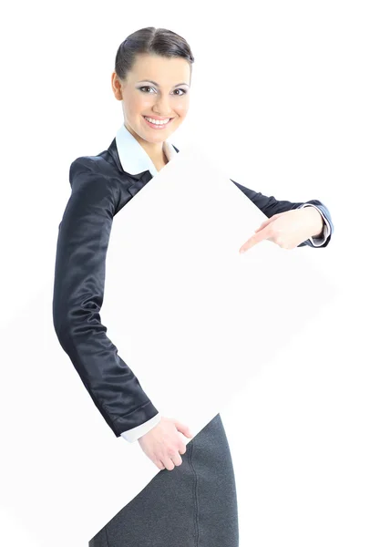 Bella donna d'affari con uno striscione bianco. Isolato su sfondo bianco . — Foto Stock
