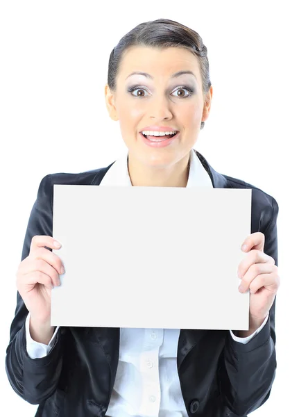 Nette Geschäftsfrau mit weißem Banner. isoliert auf weißem Hintergrund. — Stockfoto