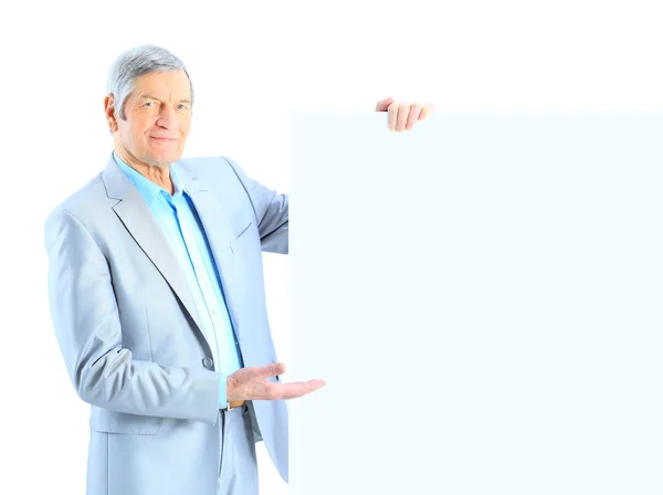 Portrait of senior businessman with blank board isolated on whit — Stock Photo, Image