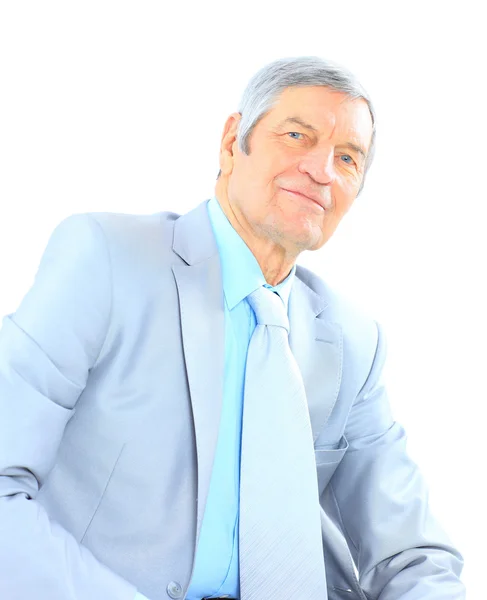Closeup portrait of a smart senior man smiling on white backgrou — Stock Photo, Image