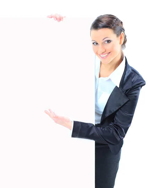 Biznes kobieta z białe transparent. na białym tle na białym tle. — Zdjęcie stockowe